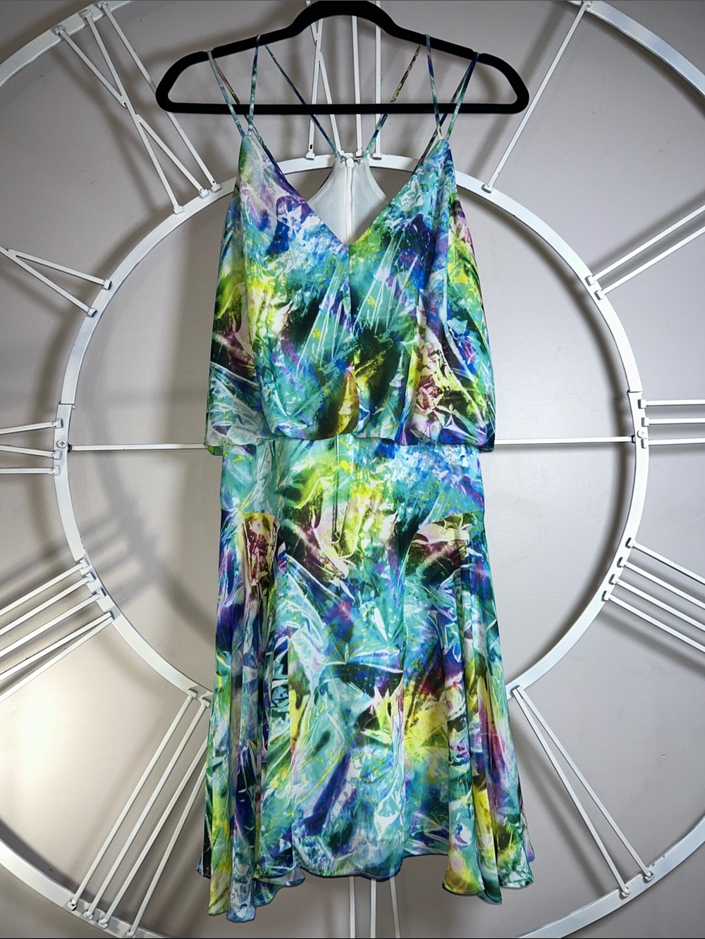 Milly “Cellophane” Print Multicolor V-Neck Spaghetti Strap Mini Blousen Dress